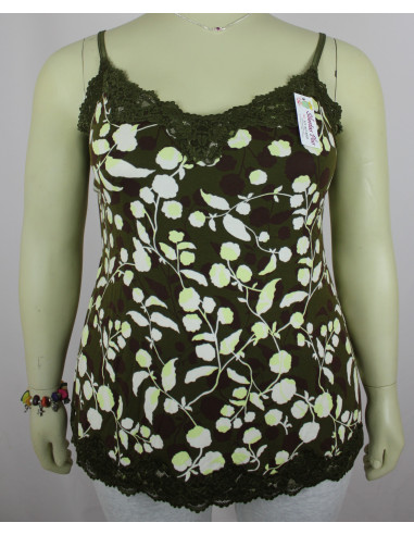 Blusa-talla-grande-4XL-de-tiras-verde-militar-encaje-estampado-floral-R0397