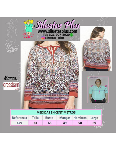 Blusa-talla-grande-2XL-tonos-naranja-estampada-manga-3/4-para-mujer-gordita-DRESSBARN-R0479
