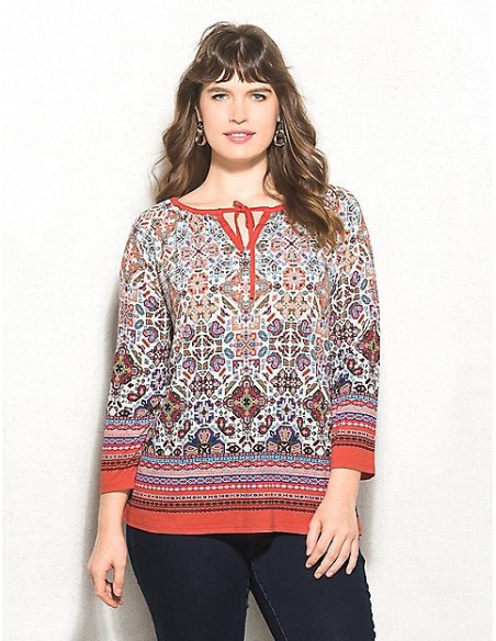 Blusa-talla-grande-2XL-tonos-naranja-estampada-manga-3/4-para-mujer-gordita-DRESSBARN-R0479