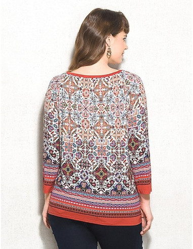 Blusa-talla-grande-2XL-tonos-naranja-estampada-manga-3/4-para-mujer-gordita-DRESSBARN-R0479