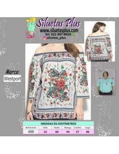 Blusa-talla-grande-XL-estampada-de-flores-cuello-bandeja-manga-3/4-WESTPORT-R0488