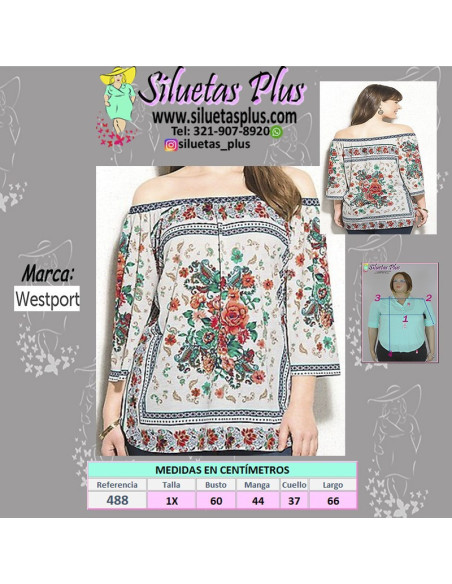 Blusa-talla-grande-XL-estampada-de-flores-cuello-bandeja-manga-3/4-WESTPORT-R0488