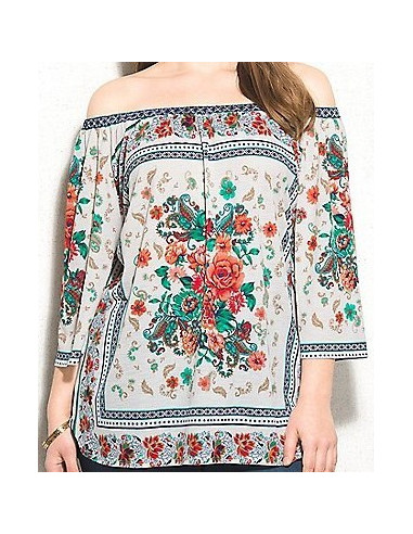 Blusa-talla-grande-XL-estampada-de-flores-cuello-bandeja-manga-3/4-WESTPORT-R0488