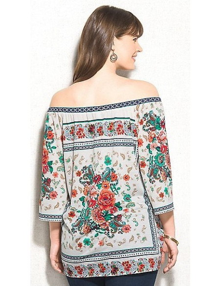 Blusa-talla-grande-XL-estampada-de-flores-cuello-bandeja-manga-3/4-WESTPORT-R0488