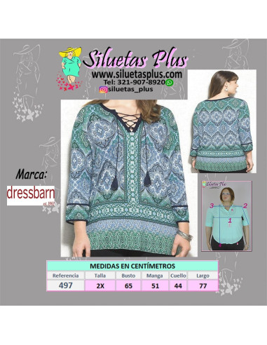 Blusa-talla-grande-3XL-tonos-verdes-manga-3/4-para-mujer-gordita-DRESSBARN-R0497