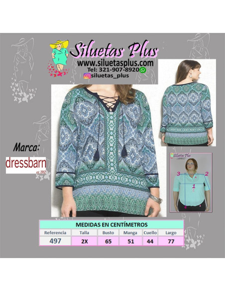 Blusa-talla-grande-3XL-tonos-verdes-manga-3/4-para-mujer-gordita-DRESSBARN-R0497