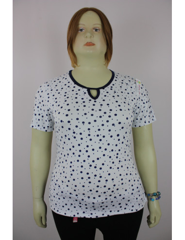 Blusa-talla-grande-XL-blanca-con-puntos-azules-manga-corta-BELMODA-R0533