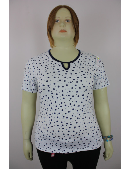 Blusa-talla-grande-XL-blanca-con-puntos-azules-manga-corta-BELMODA-R0533