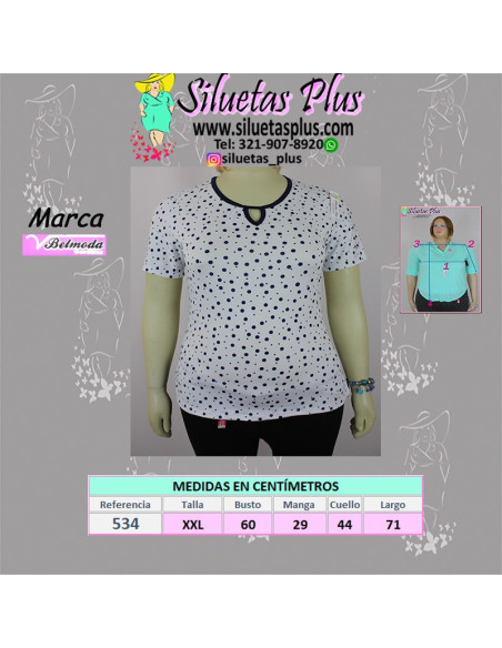 Blusa-talla-grande-2XL-blanca-con-puntos-azules-manga-corta-BELMODA-R0534