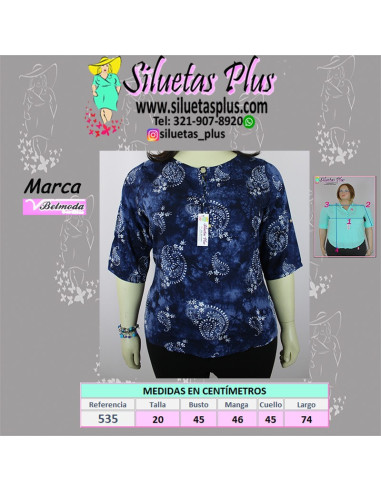 Blusa-talla-grande-2XL-azul-estampada-manga-3/4-BELMODA-R0535