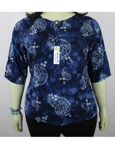 Blusa-talla-grande-2XL-azul-estampada-manga-3/4-BELMODA-R0535