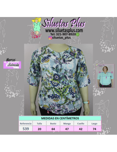 Blusa-talla-grande-2XL-azul-claro--con-estampado-de-flores-manga-3/4-BELMODA-R0539