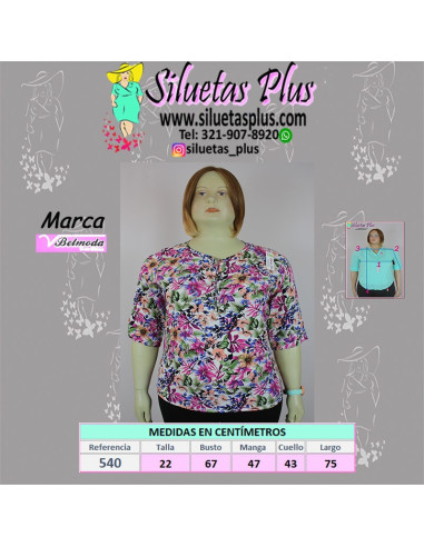 Blusa-talla-grande-2XL-fucsia-con-estampado-de-hojas-manga-3/4-BELMODA-R0540