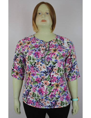 Blusa-talla-grande-2XL-fucsia-con-estampado-de-hojas-manga-3/4-BELMODA-R0540