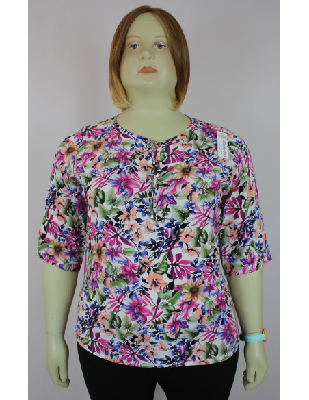 Blusa-talla-grande-2XL-fucsia-con-estampado-de-hojas-manga-3/4-BELMODA-R0540