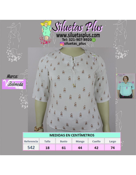 Blusa-talla-grande-2XL-blanca-con-estampado-de-jirafas-manga-3/4-BELMODA-R0542