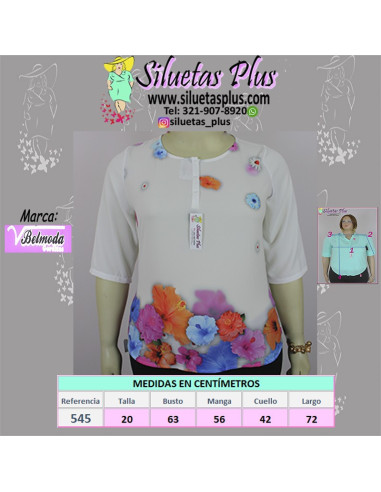 Blusa-talla-grande-2XL-blanca-con-estampado-de-flores-manga-3/4-BELMODA-R0545-