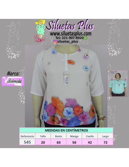 Blusa-talla-grande-2XL-blanca-con-estampado-de-flores-manga-3/4-BELMODA-R0545-