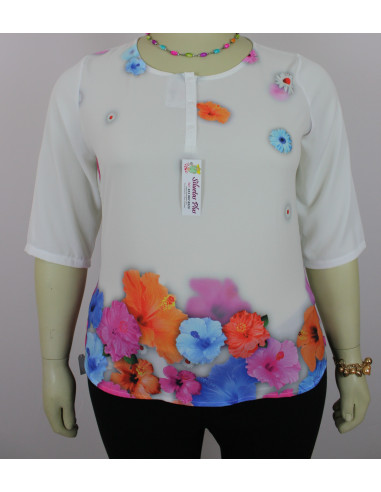 Blusa-talla-grande-2XL-blanca-con-estampado-de-flores-manga-3/4-BELMODA-R0545-