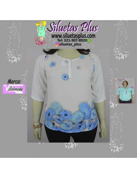 Blusa-talla-grande-2XL-blanca-estampada-con-flores-de-color-azul-manga-3/4-BELMODA-R0546-