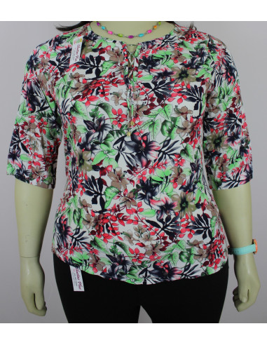 Blusa-talla-grande-2XL-beige-estampada-de-flores-con-cordon-en-el-cuello-BELMODA-R0550