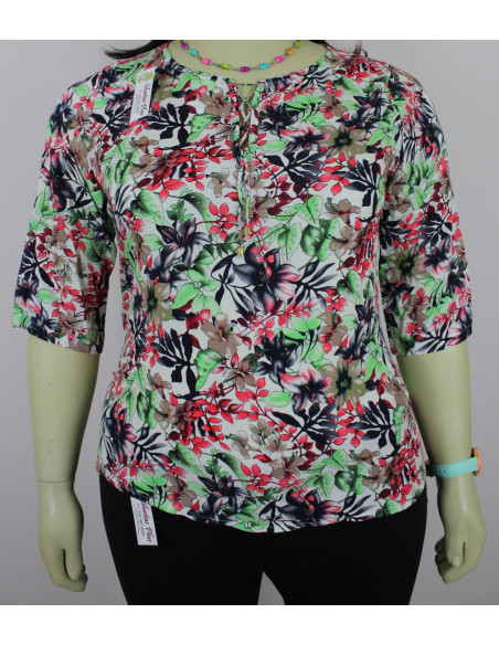 Blusa-talla-grande-2XL-beige-estampada-de-flores-con-cordon-en-el-cuello-BELMODA-R0550