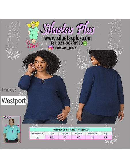 Blusa-talla-grande-gordita-2XL-azul-oscuro-manga-3/4-WESTPORT-R0629-2XL