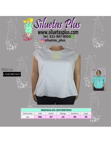 Blusa-talla-grande-gordita-4XL-blanca-con-rayas-azul-claro-manga-corta-LANE-BRYANT-R0643