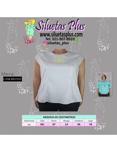 Blusa-talla-grande-gordita-4XL-blanca-con-rayas-azul-claro-manga-corta-LANE-BRYANT-R0643