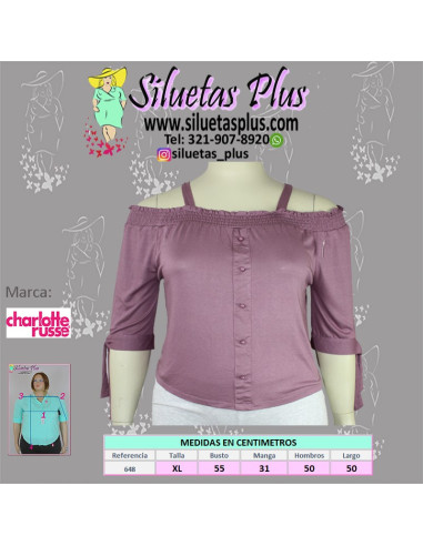 Blusa-talla-grande-gordita-XL-purpura-cuello-bandeja-manga-3/4-CHARLOTTE-ROUSSE-R0648-XL-01