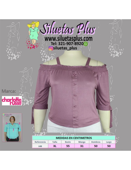 Blusa-talla-grande-gordita-XL-purpura-cuello-bandeja-manga-3/4-CHARLOTTE-ROUSSE-R0648-XL-01