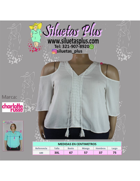 Blusa-talla-grande-gordita-3XL-blanco-con-cuello-en-v-manga-3/4-CHARLOTTE-ROUSEE-R0649-3XL