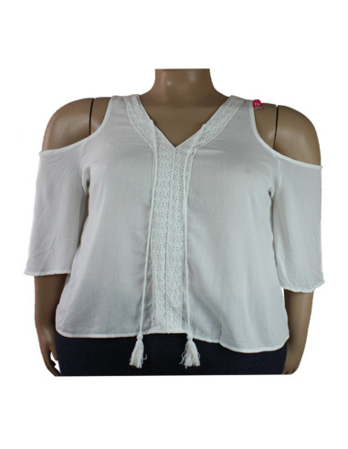 Blusa-talla-grande-gordita-3XL-blanco-con-cuello-en-v-manga-3/4-CHARLOTTE-ROUSEE-R0649-3XL