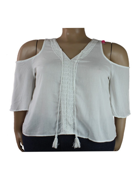 Blusa-talla-grande-gordita-3XL-blanco-con-cuello-en-v-manga-3/4-CHARLOTTE-ROUSEE-R0649-3XL