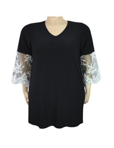Vestido-talla-grande-gordita-3XL-color-negro-con-mangas-en-encaje-blanco-ROZ-&-ALI-R0712
